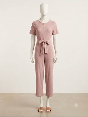 Brass and Roe for Called to Surf Ribbed Jumpsuit. Blush Tie-Waist Jumpsuit